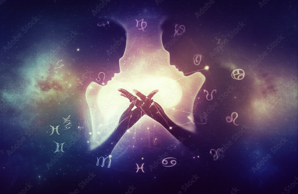 Иллюстрация, символизирующая глубокую связь между двумя партнерами, основанную на принципах астрологии совместимости партнеров по дате рождения, на фоне звёздного неба и зодиакальных символов.