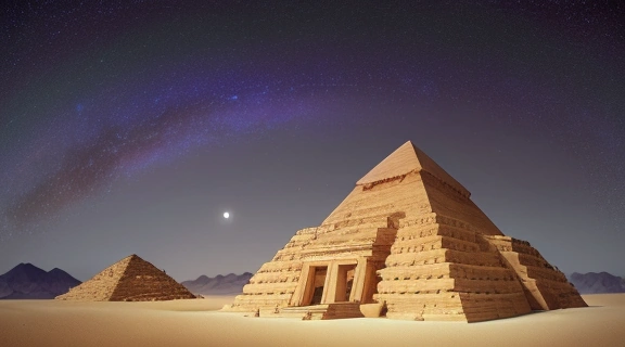 Древняя Астрология страны пирамид на фоне ночного египетского пейзажа с пирамидами и звездами.