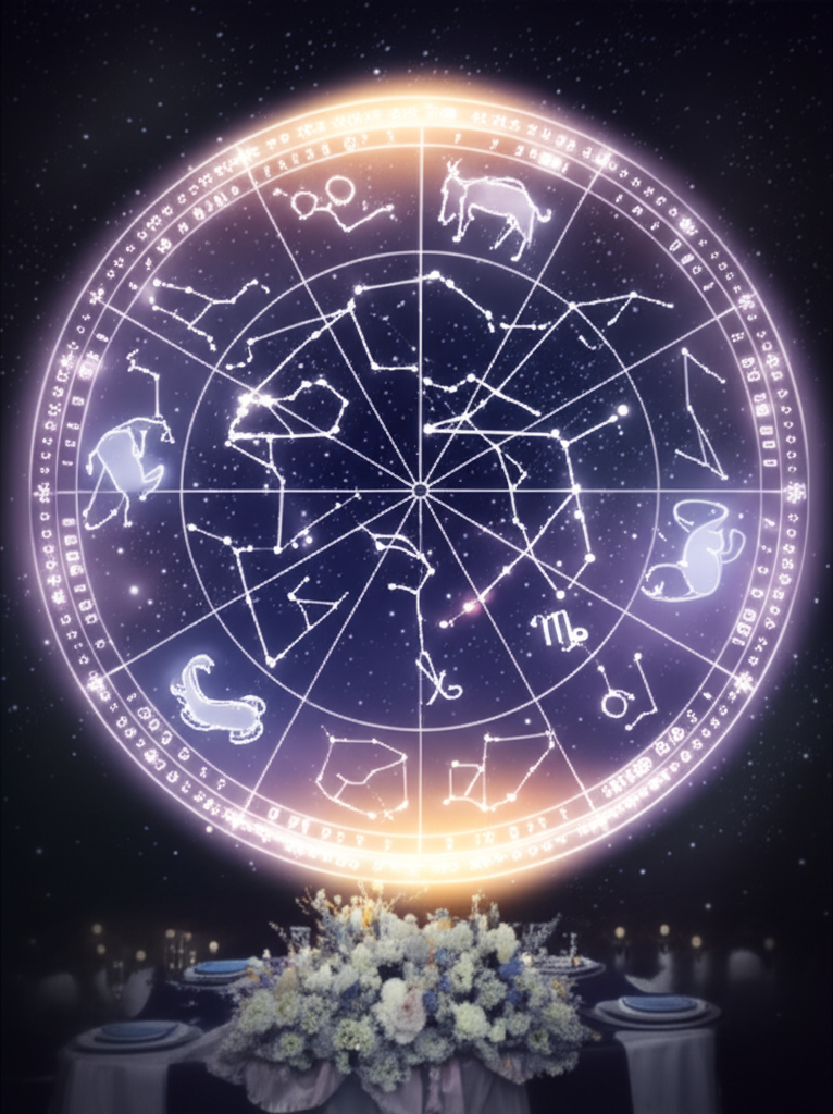 Астрология свадьбы с изображением зодиакального круга и обручальных колец на звездном фоне.