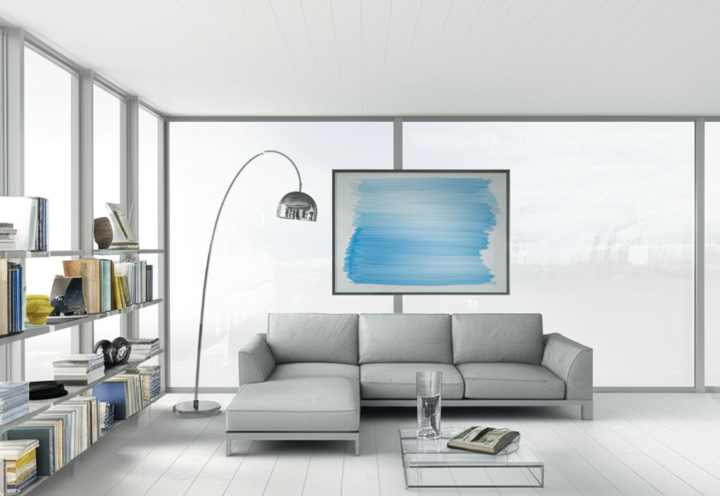 Светлая гостиная, где реализована астрология в интерьере воздушный стиль с минималистичной мебелью и большими окнами.