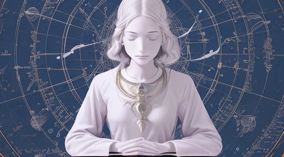 Стилизованное изображение человека, окруженного небесными символами и карьерными атрибутами, иллюстрирующее влияние астрологии в карьере и выбор профессионального пути.