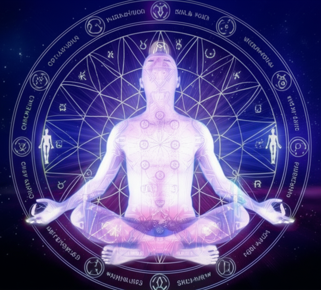 Человек в состоянии медитации, окруженный сияющей натальной картой, символизирующей астрологию здоровья по натальной карте и целостный подход к благополучию.