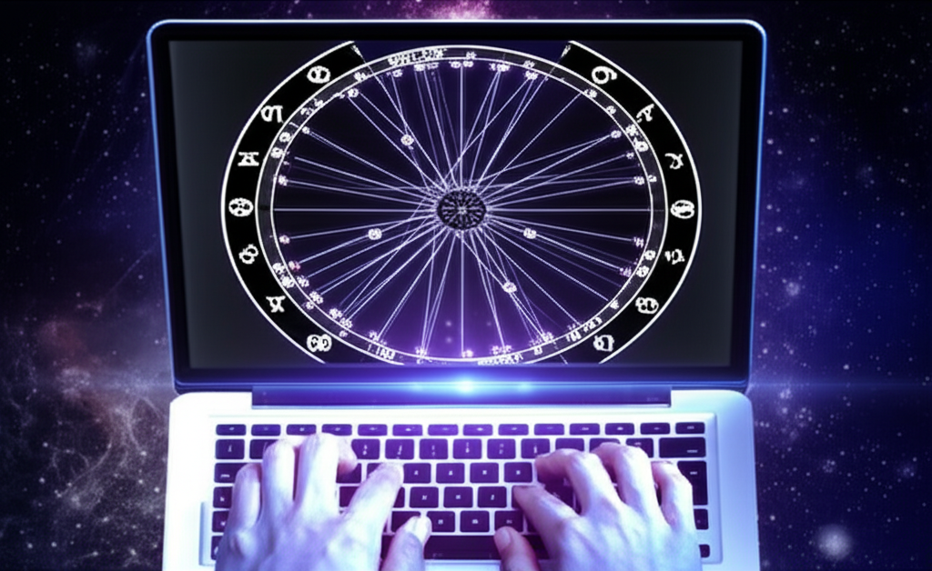 Современная астропрограмма на экране ноутбука для построения натальной карты.