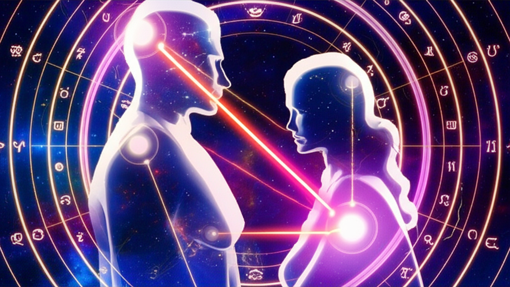Космическая визуализация концепции астросек, показывающая связь двух людей через планеты и знаки зодиака.
