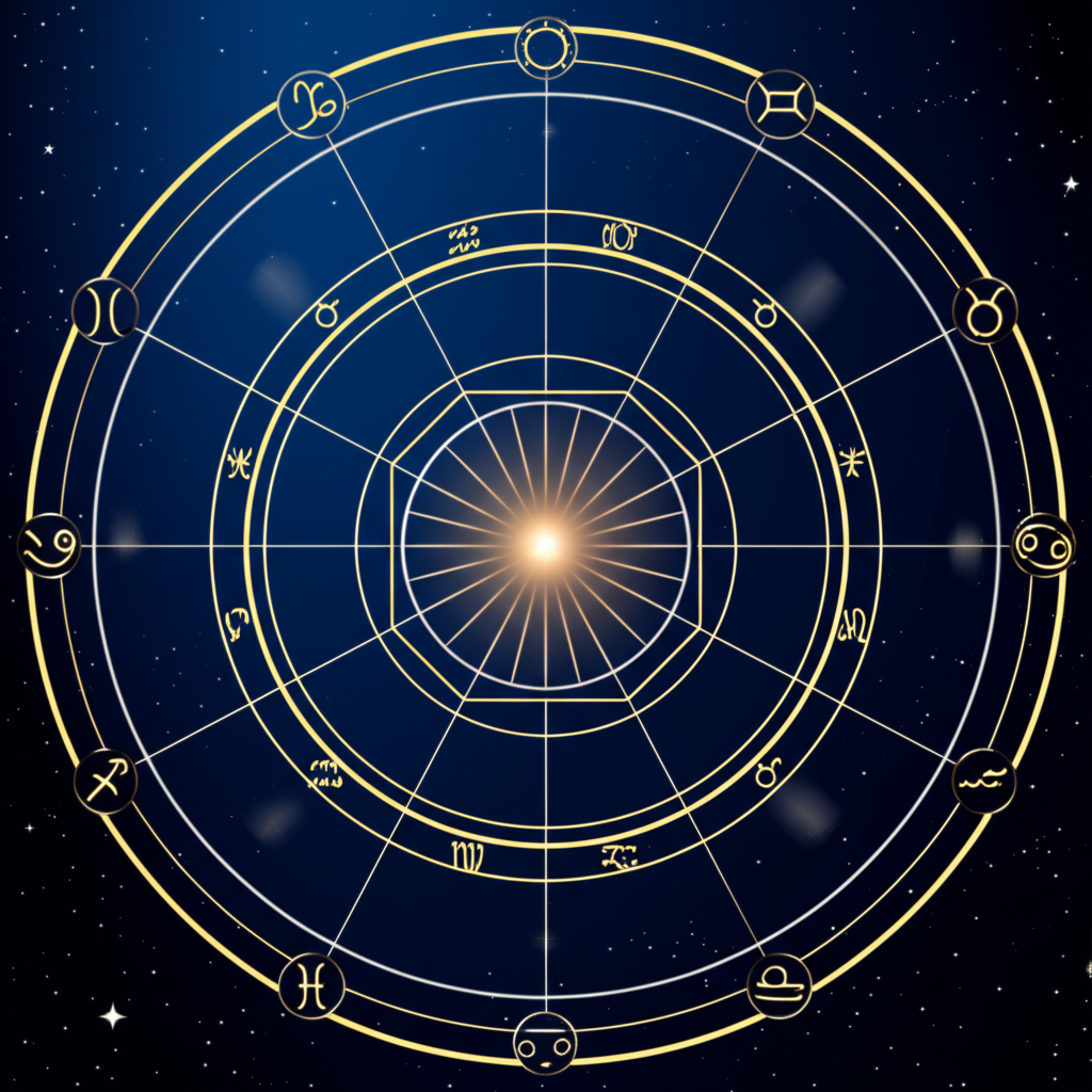 Стилизованный астрознак натальная карта бесплатно в виде светящейся схемы на темном фоне.