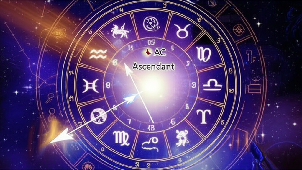 Иллюстрация, показывающая астрологическую натальную карту с выделенным асцендентом, подчеркивающая важность точного времени и места рождения для того, как определить асцендент.