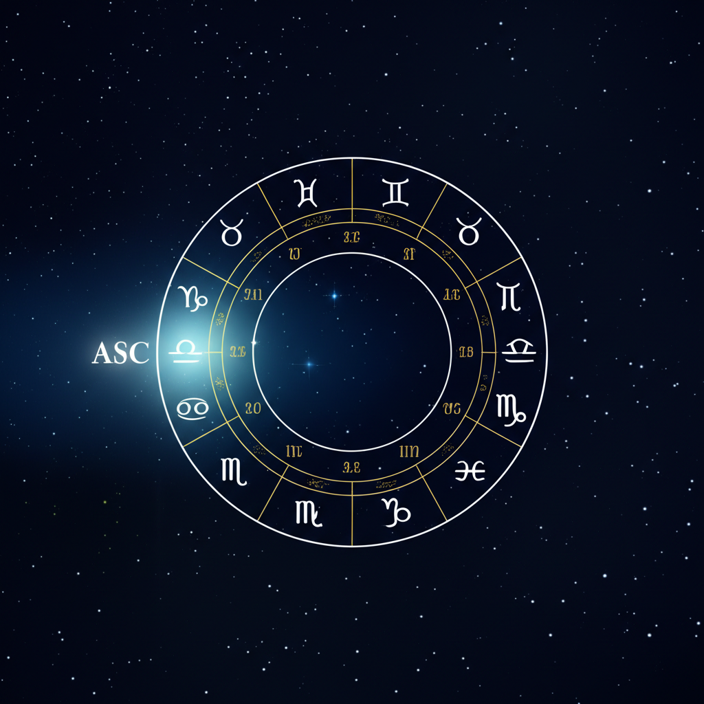 Символическое изображение, объясняющее, что такое асцендент в астрологии, на фоне зодиакального круга.