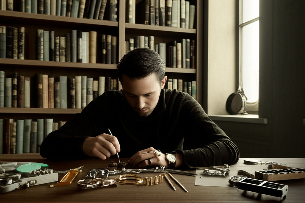 Сдержанный и умный асцендент в деве у мужчины за работой, требующей точности