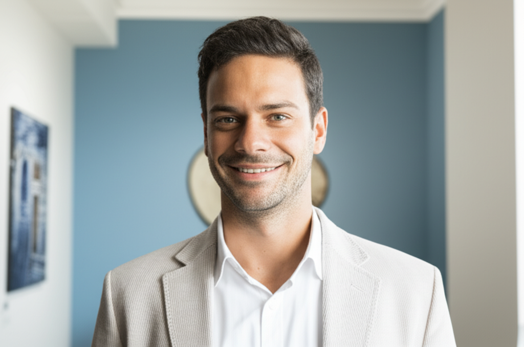 Стильный мужчина на фоне гармоничного интерьера, символизирующий асцендент в весах у мужчины.