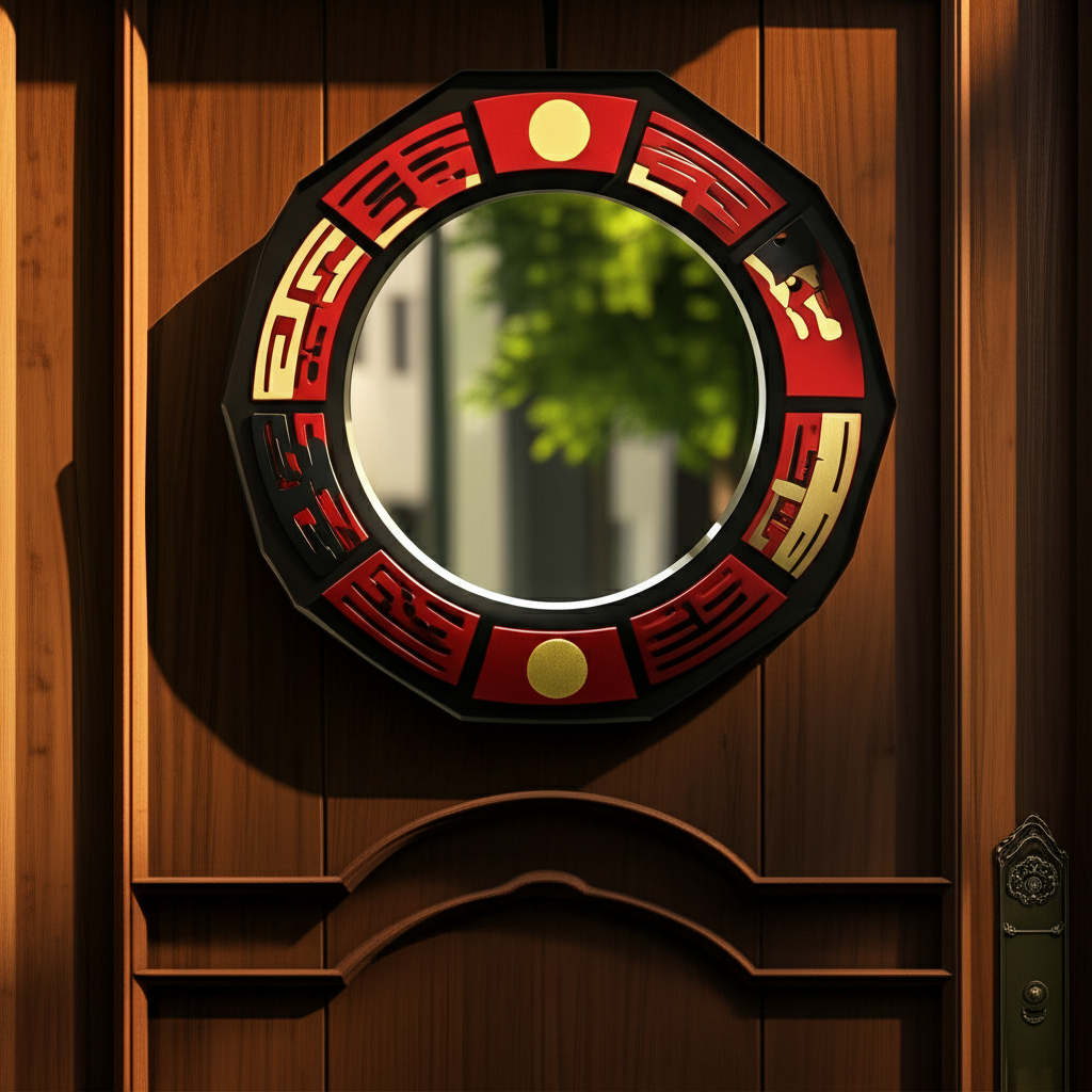 Восьмиугольное зеркало ба-гуа защита от негатива, размещенное над входной дверью дома.