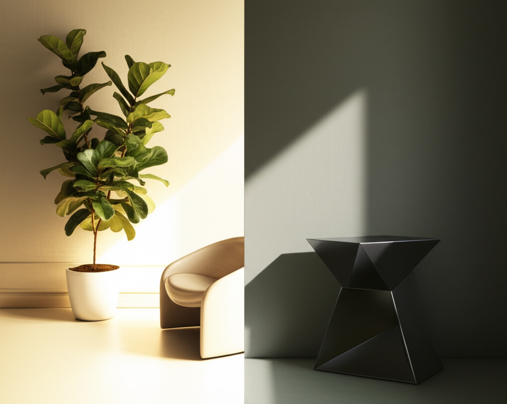 Гармоничный интерьер, иллюстрирующий баланс энергии ци и ша, с плавным переходом от света к тени.