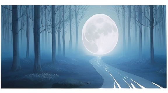 Символическое изображение Белая луна следуйте судьбе, показывающее освещенный путь под сияющей луной, ведущий к внутреннему предназначению.