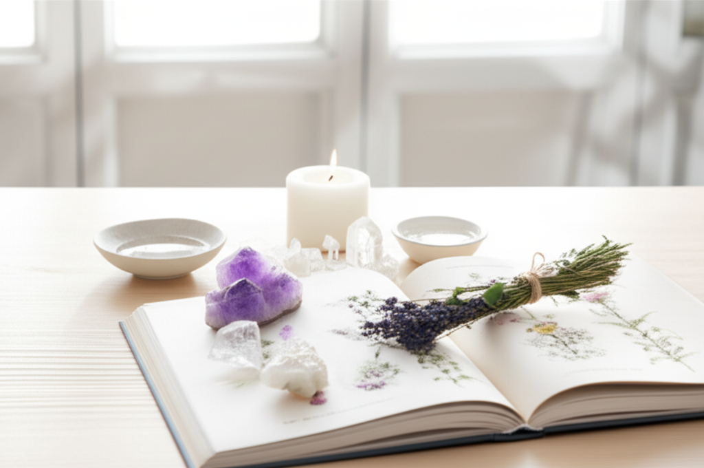 Стол, на котором практикуется белая магия: горящая свеча, кристаллы, травы и открытая книга.