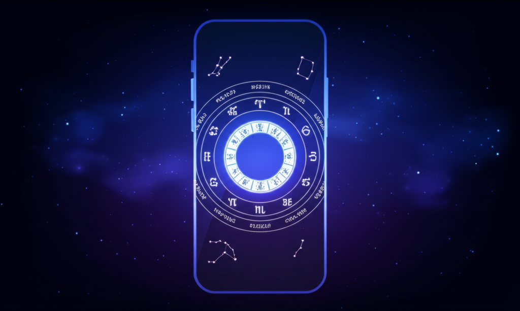 Смартфон с натальной картой на экране, иллюстрирующий бесплатные астрологические сервисы.