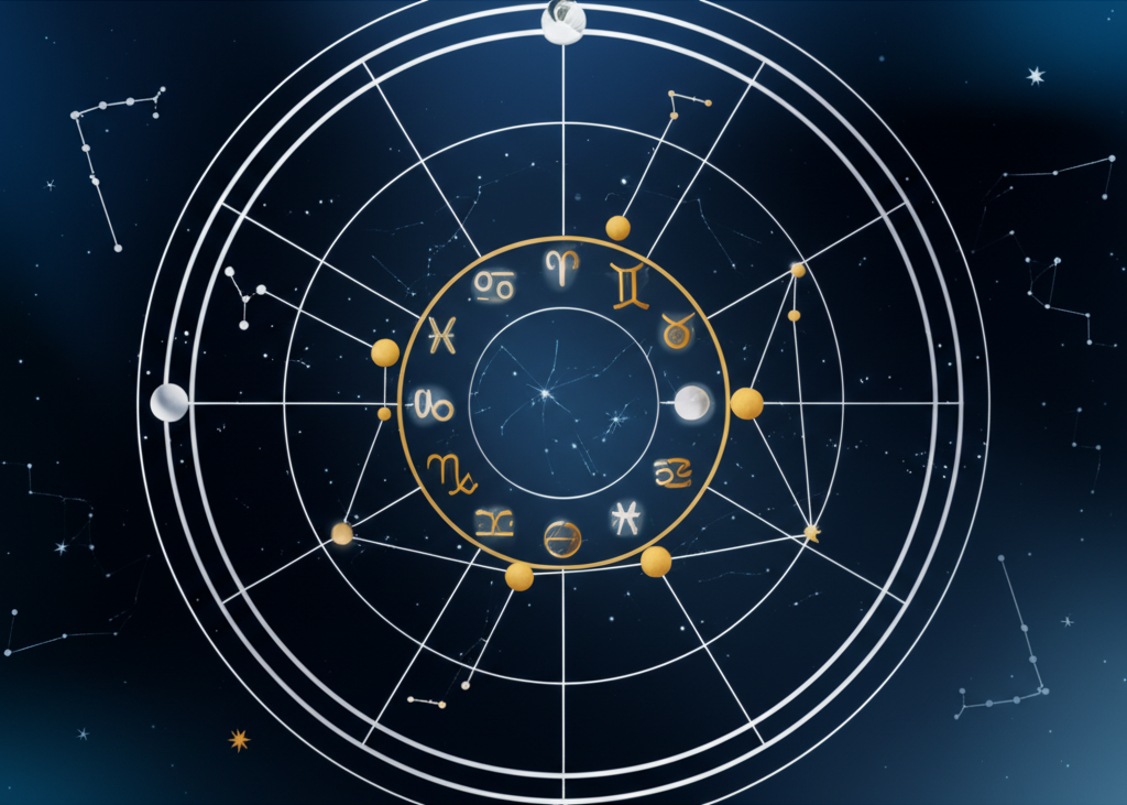 Астрологический круг и планеты, иллюстрирующие бесплатный расчет натальной карты.