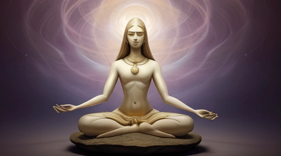 Человек в медитативной позе, окруженный мягким светом, символизирующий преданность и любовь в Бхакти йога.