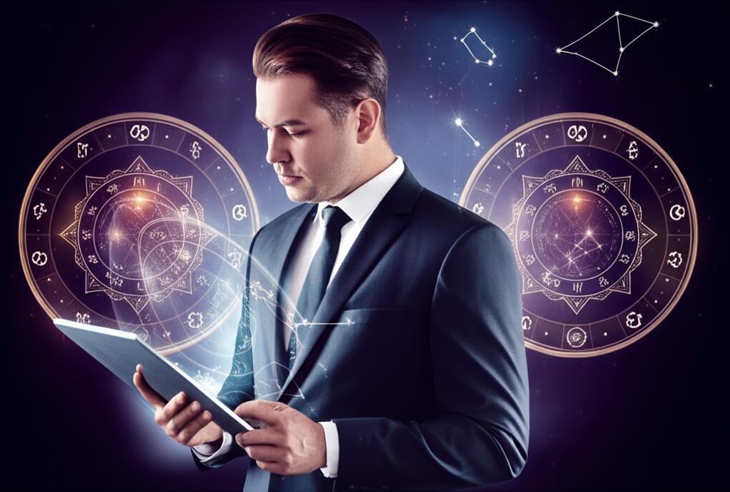 Деловой человек анализирует бизнес гороскоп, окруженный символами зодиака и космическими узорами, что символизирует влияние звезд на деловые решения.