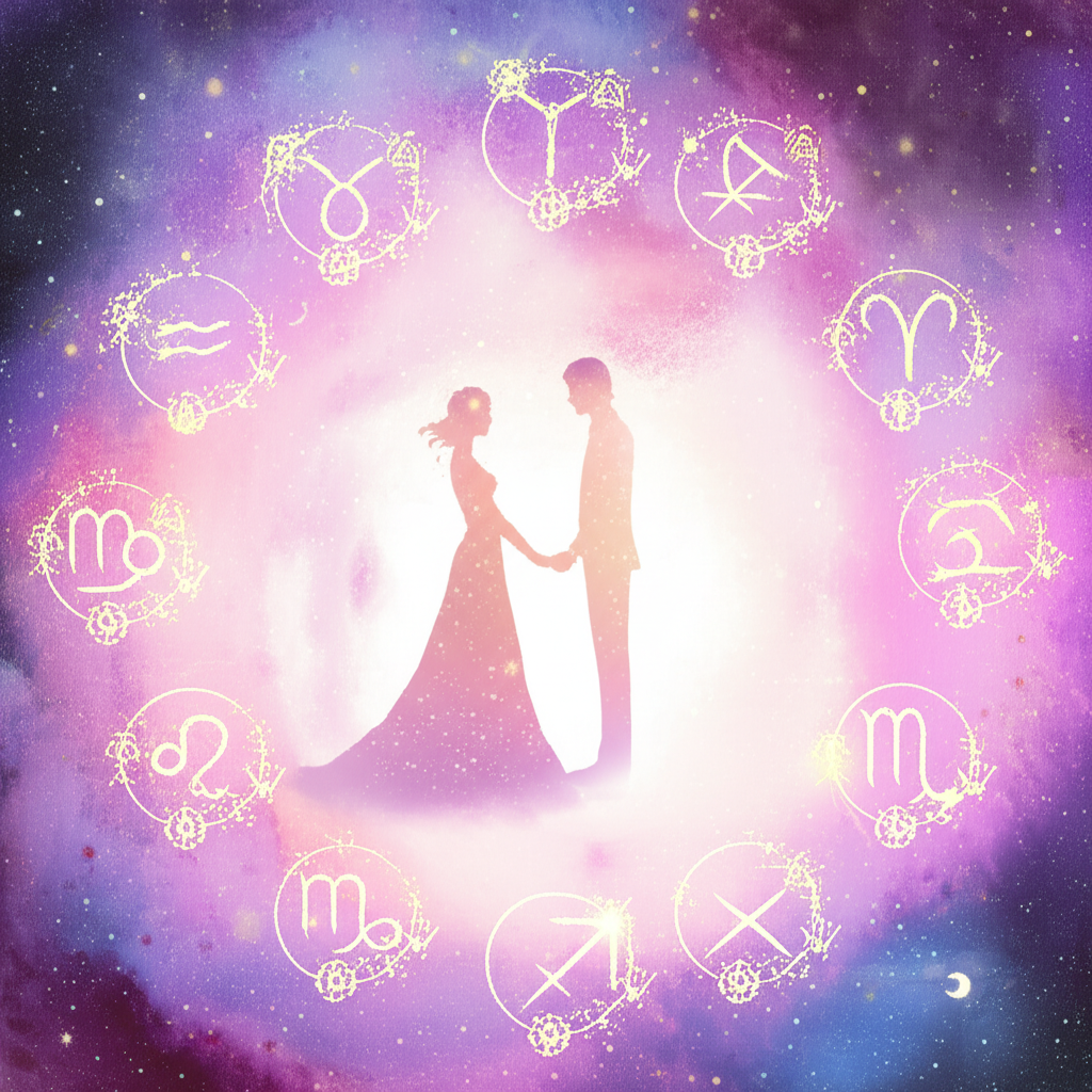 Романтичное изображение пары, окруженной зодиакальными созвездиями на фоне звездного неба, символизирующее благоприятные дни для свадьбы по знакам.