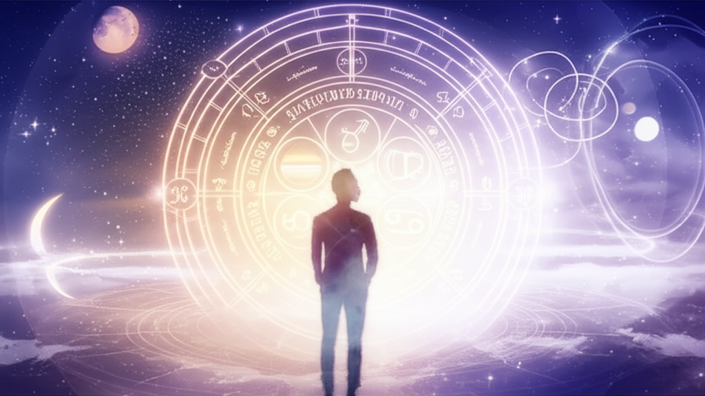Изображение демонстрирует концепцию благоприятных дней, объединяя символы лунных фаз, астрологических планет и нумерологических паттернов на фоне космоса, с человеком, созерцающим эти ритмы.