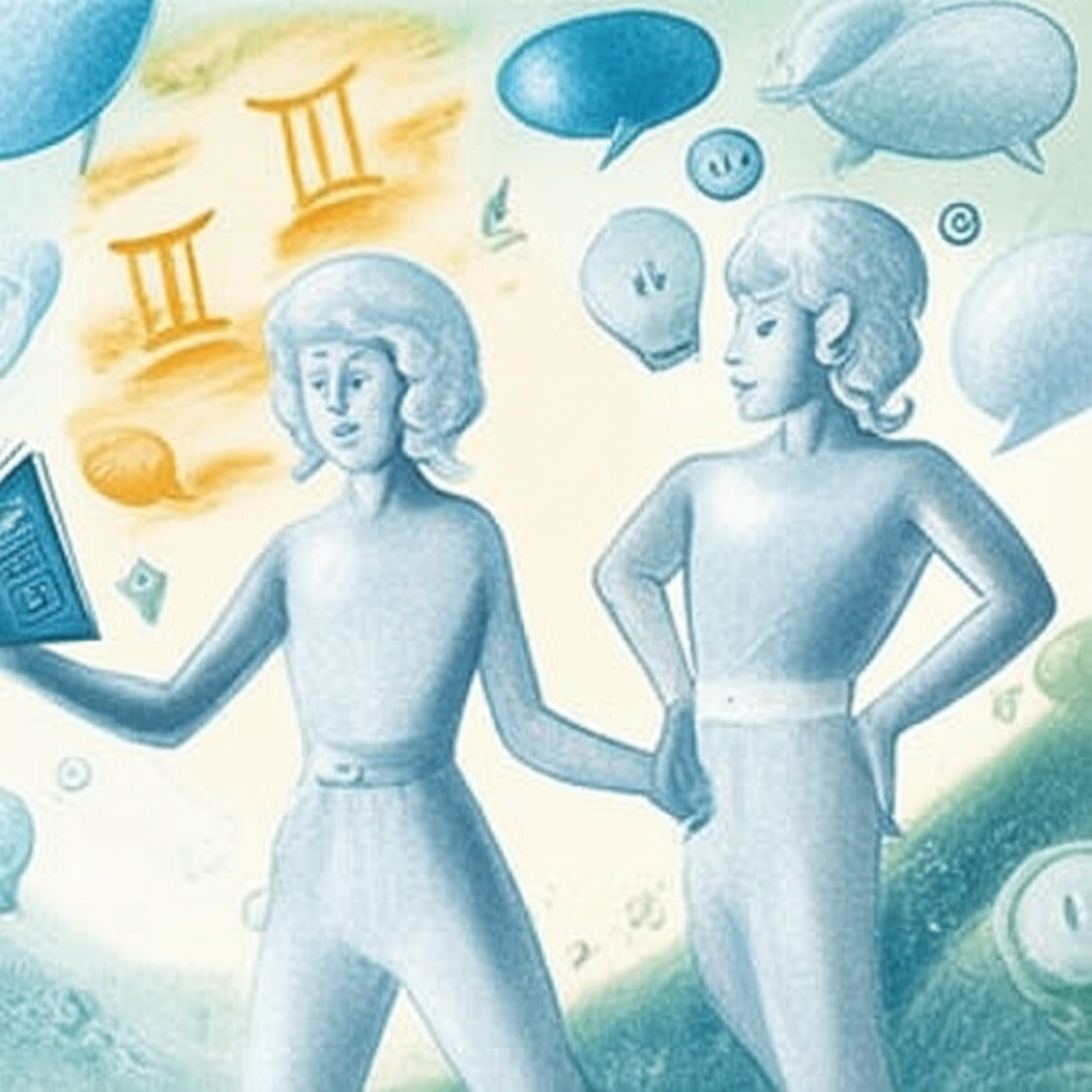 Пара Близнецов в гармоничных, но динамичных отношениях, иллюстрирующая, как близнецы как ведут себя в отношениях, их интеллектуальное взаимодействие и потребность в свободе.