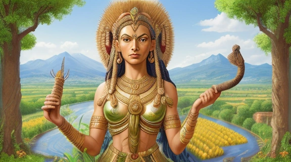 Изображение демонстрирует собирательный образ богов земледелия разных культур, символизирующих плодородие и урожай.