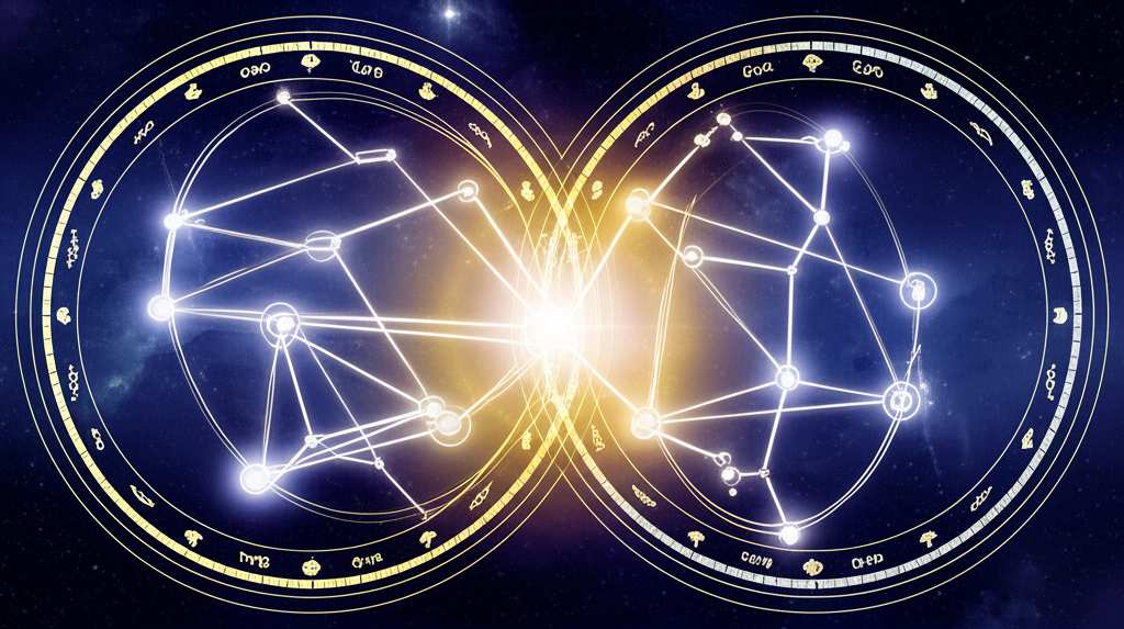 Сложные брачные аспекты в синастрии, изображенные через переплетение звездных карт и планет.