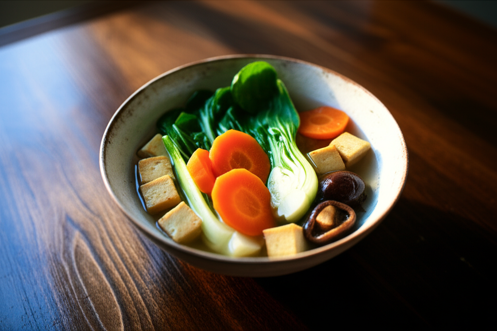 Буддийская кухня здоровое питание: сбалансированное блюдо из овощей и тофу в керамической пиале.