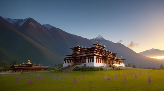 Панорамный вид на древний тибетский монастырь в Гималаях на рассвете, символизирующий глубокое влияние Буддизма в Тибете на культуру и духовность региона.