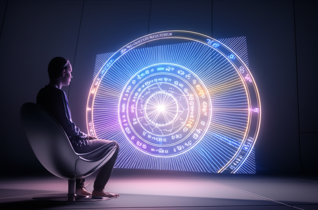 Голографическая натальная карта, символизирующая технологическое будущее астрологии.