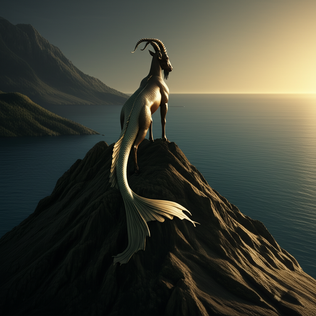 Символическое изображение capricorn знак зодиака в виде морского козла, поднимающегося на скалистую гору из морских глубин.