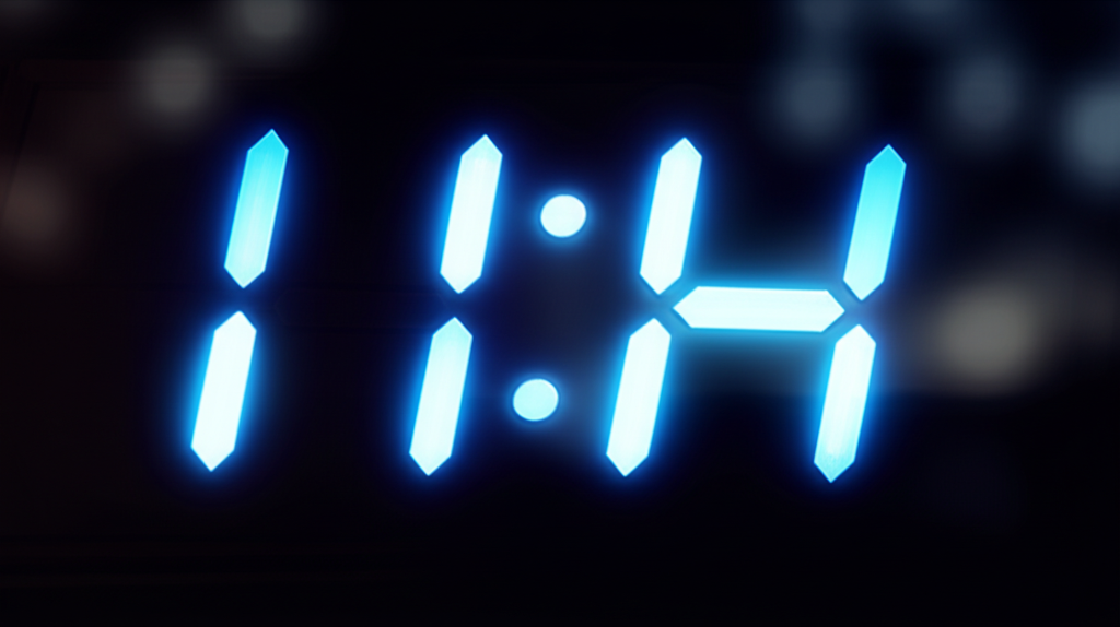 Часто повторяющиеся цифры на часах, ярко светящиеся на темном фоне.
