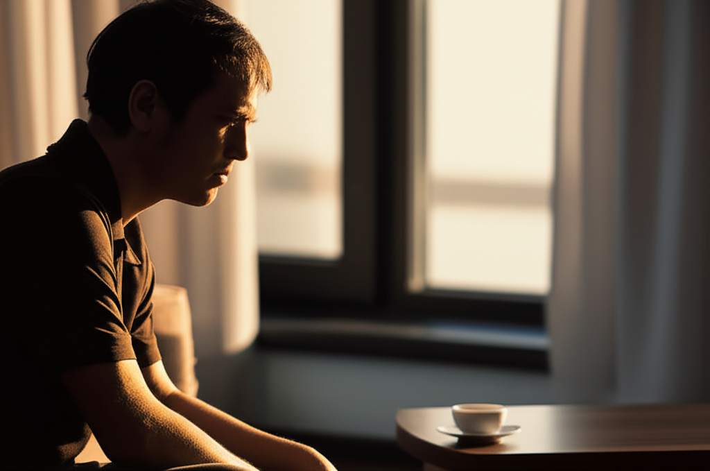 Задумчивый мужчина у окна размышляет о том, чего хотят мужчины в жизни и отношениях