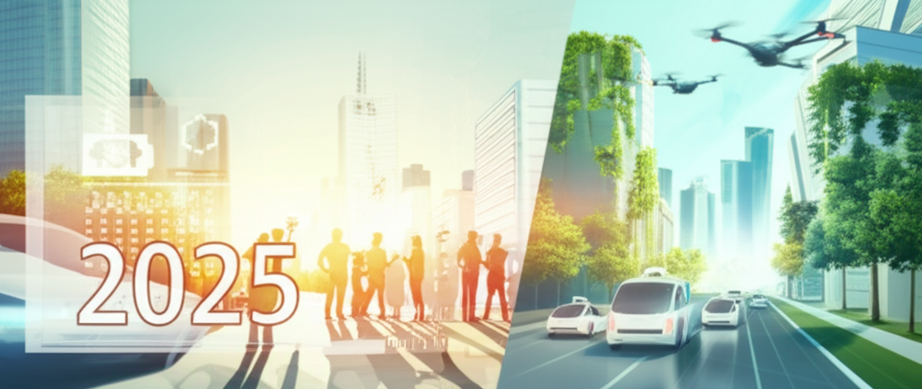 Футуристический городской пейзаж, иллюстрирующий, чего ждать в 2025 году в сфере технологий и устойчивого развития.