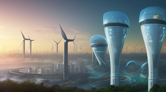 Футуристический городской пейзаж на рассвете, символизирующий прогнозы, чего ждать в 2026 году.