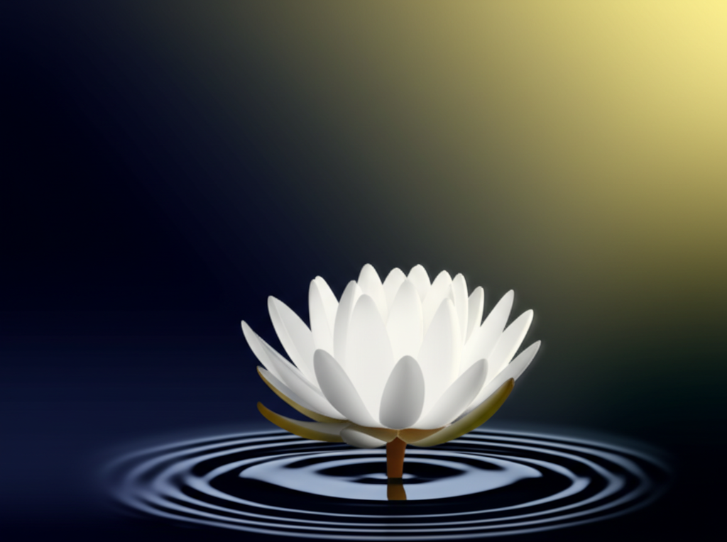 Раскрытый цветок лотоса на тёмной воде, иллюстрирующий четыре благородные истины буддизма.