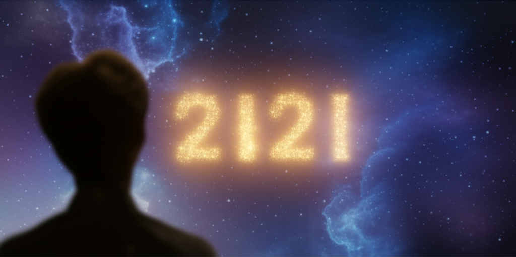 Светящийся символ 2121 на космическом фоне, который объясняет 2121 английская нумерология.