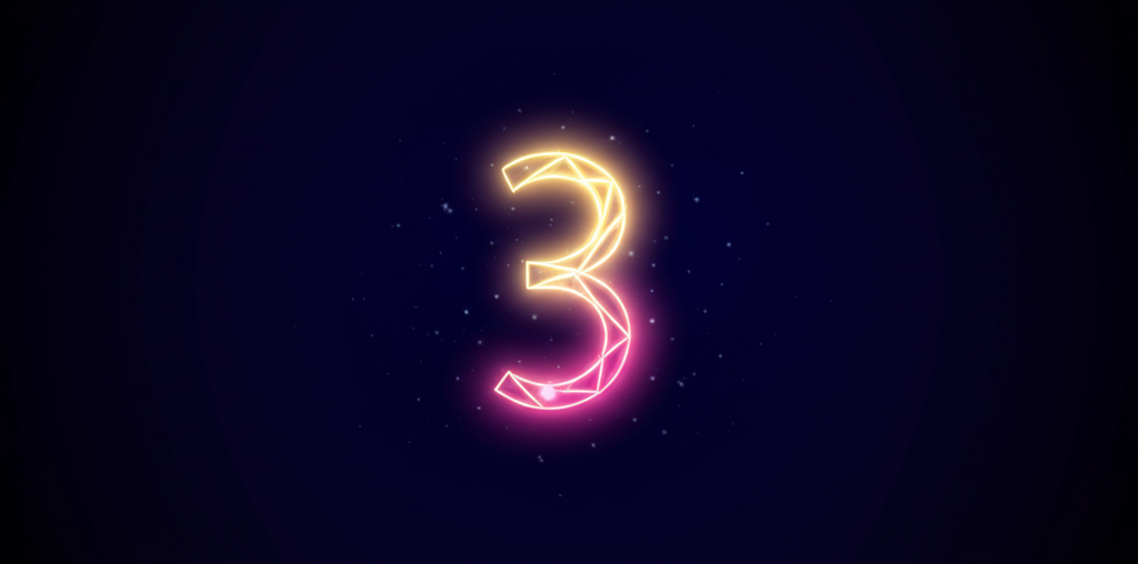 Светящаяся тройка на космическом фоне, символизирующая число 3 в нумерологии значение творчества и самовыражения.