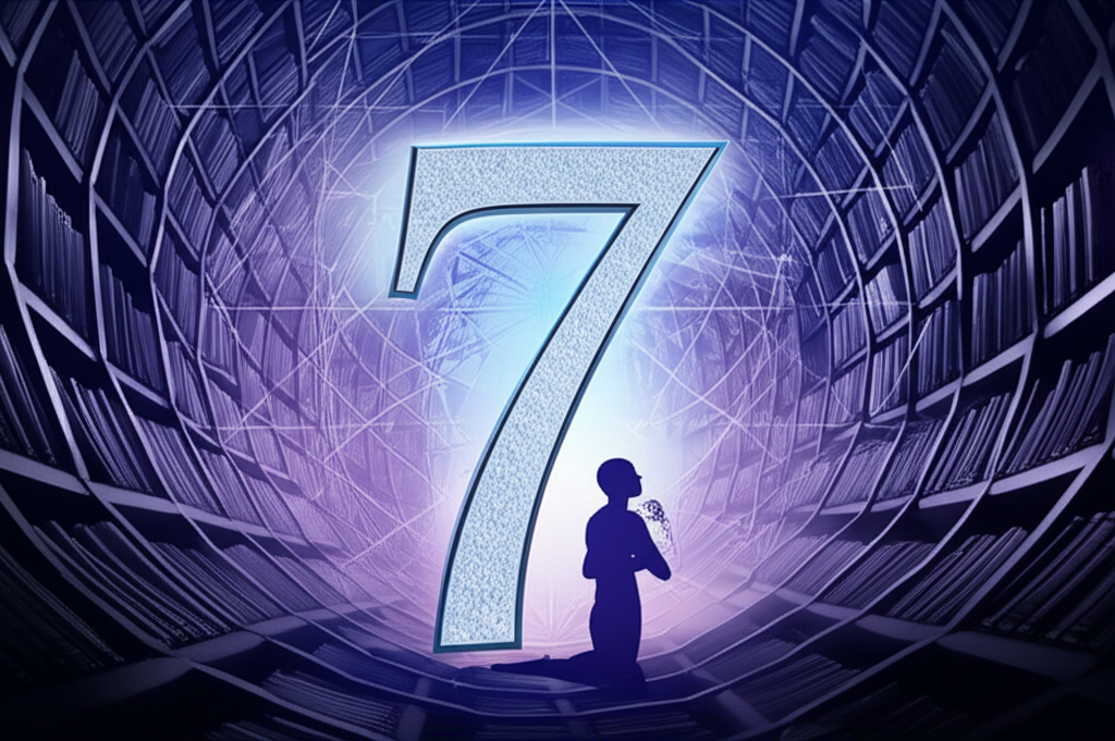 Загадочное и глубокое число 7 в нумерологии значение, представленное как светящийся символ мудрости в космической библиотеке.