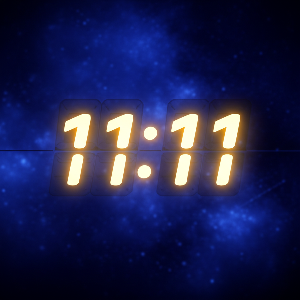 Загадочное число ангела на часах 11:11, подсвеченное мягким божественным светом.