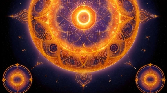Изображение мистического символа, окруженного нумерологическими знаками, представляющее число солнца.