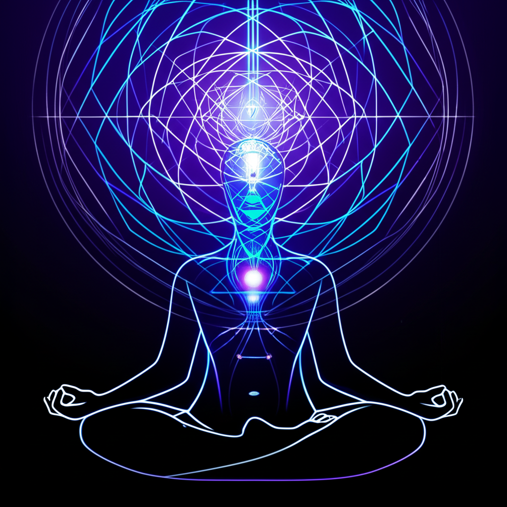 Абстрактное изображение, символизирующее число сознания 7 через медитацию и поток идей.