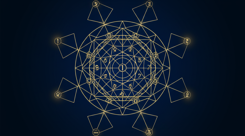 Абстрактное изображение, которое иллюстрирует, число судьбы это что значит: светящиеся золотые линии и цифры на темном фоне, символизирующие жизненный путь.