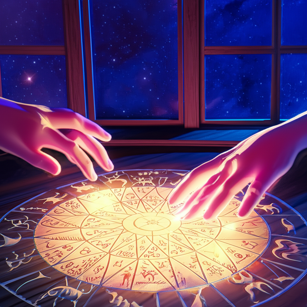 Нумерологический расчет, показывающий Число судьбы объекта симпатии на фоне звездного неба.