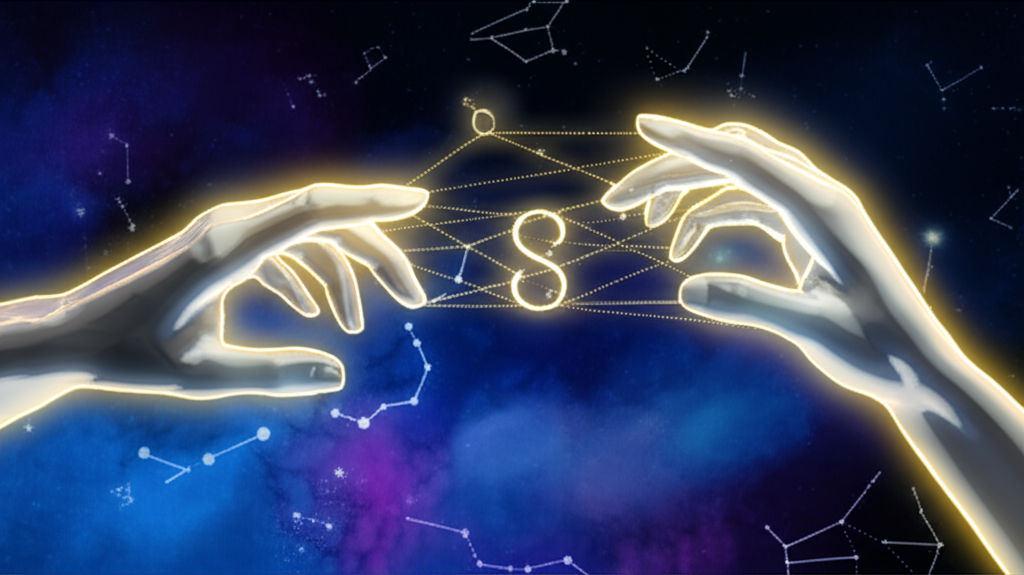 Визуализация концепции числовой союз знаков зодиака, где светящиеся руки соединены цифровыми кодами на фоне космоса.