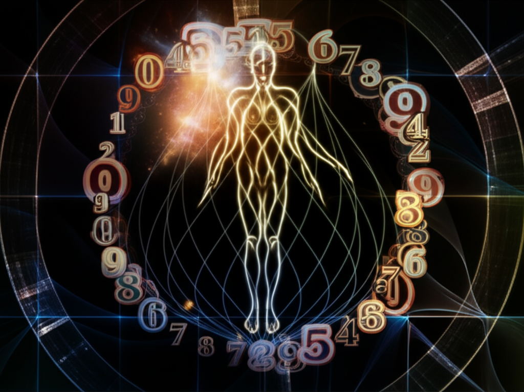 Абстрактное изображение, иллюстрирующее числовые вибрации судьбы людей через светящиеся цифры и космические узоры.