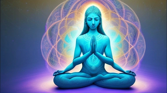 Человек медитирует на фоне символических узоров, показывающих, что дает каббала для внутреннего роста.