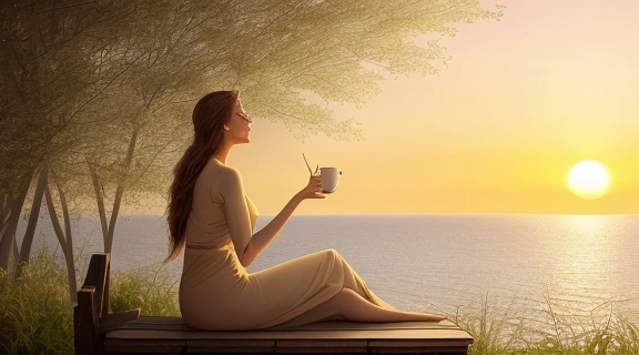 Спокойная женщина на берегу моря, окруженная символами гармонии и того, что нужно для счастья