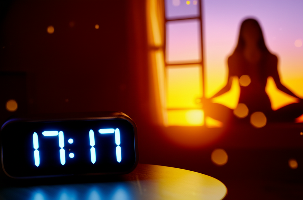 Символическое значение 17 17 в нумерологии на дисплее часов, на фоне медитативного заката.