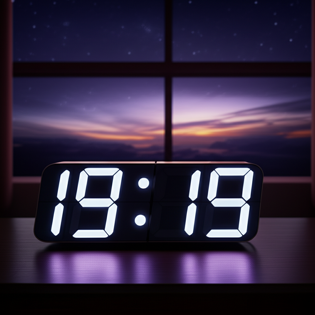 Эзотерический разбор того, что означает 19 19 на часах, на фоне цифровых часов.