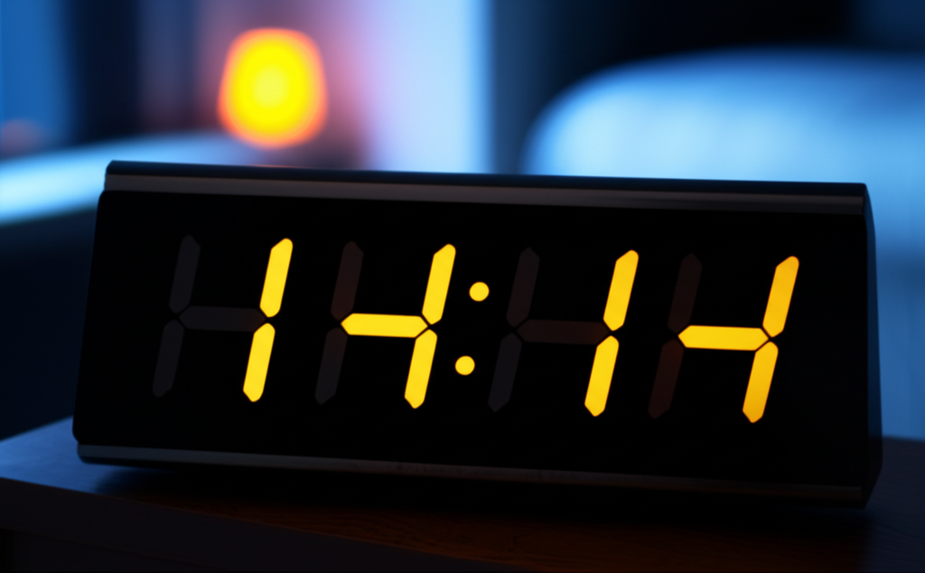 Человек смотрит на цифровые часы, иллюстрируя, что означает видеть на часах одинаковые цифры постоянно.